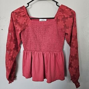 Williow & Root NWOT Girls Medium Pink Smocked Peplum Blouse Long Sleeve Floral